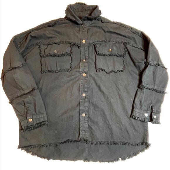 Black Rock and Roll Frayed Shirt Long Sleeve Snap Button Front Shacket SZ M Boxy - Picture 2 of 10